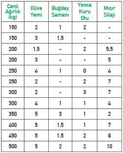 Düveler için Rasyon Örnekleri (Kg/Gün)
